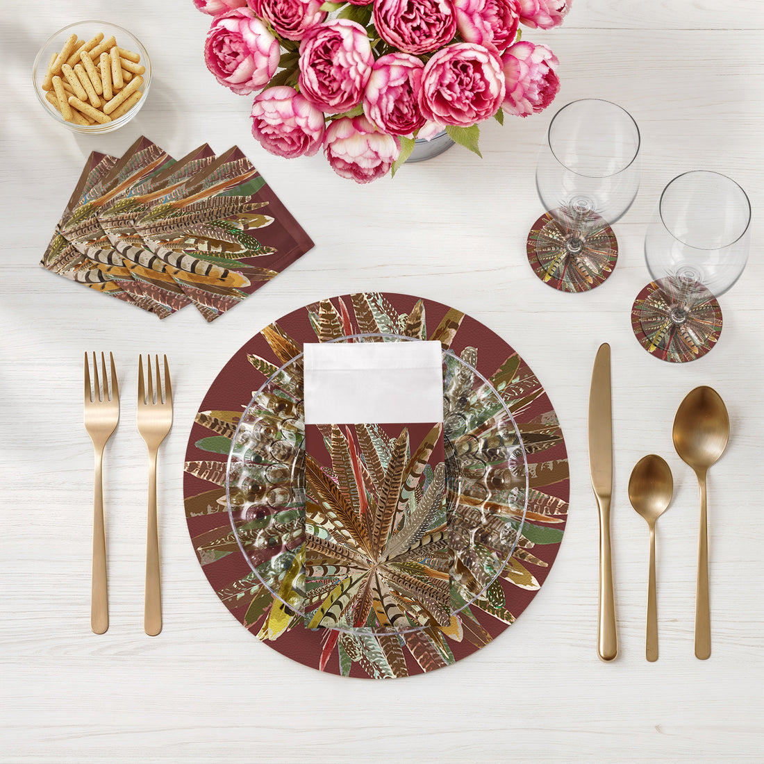 Pheasant Feathers Porto Vegan Leather Round Pebble Placemat