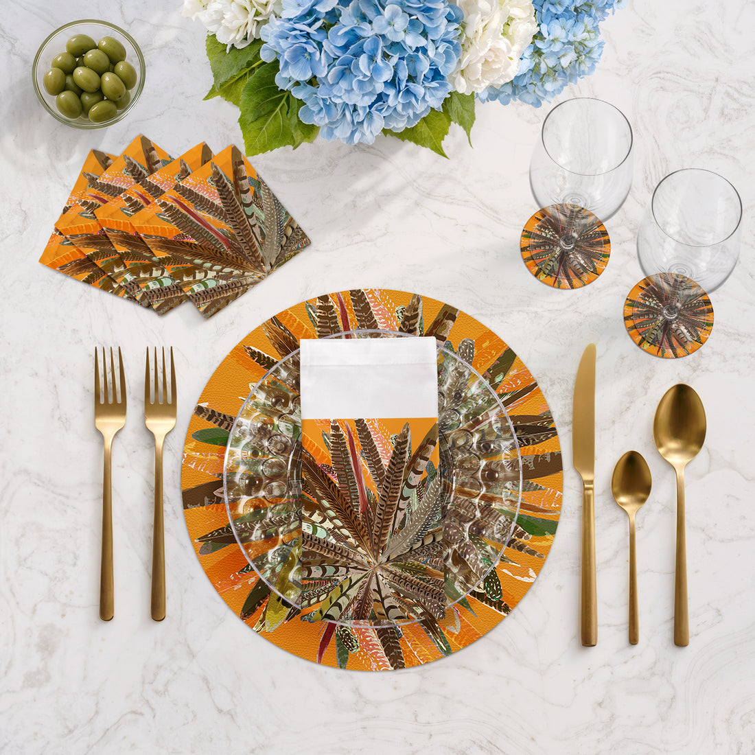 Ensemble de 4 sets de table ronds en galets, plumes de faisan, couleur butternut, 40 cm