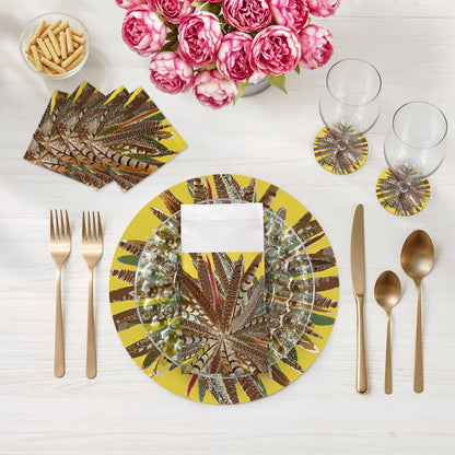 Lot de 4 sets de table ronds en galets jaunes à plumes de faisan de 40 cm