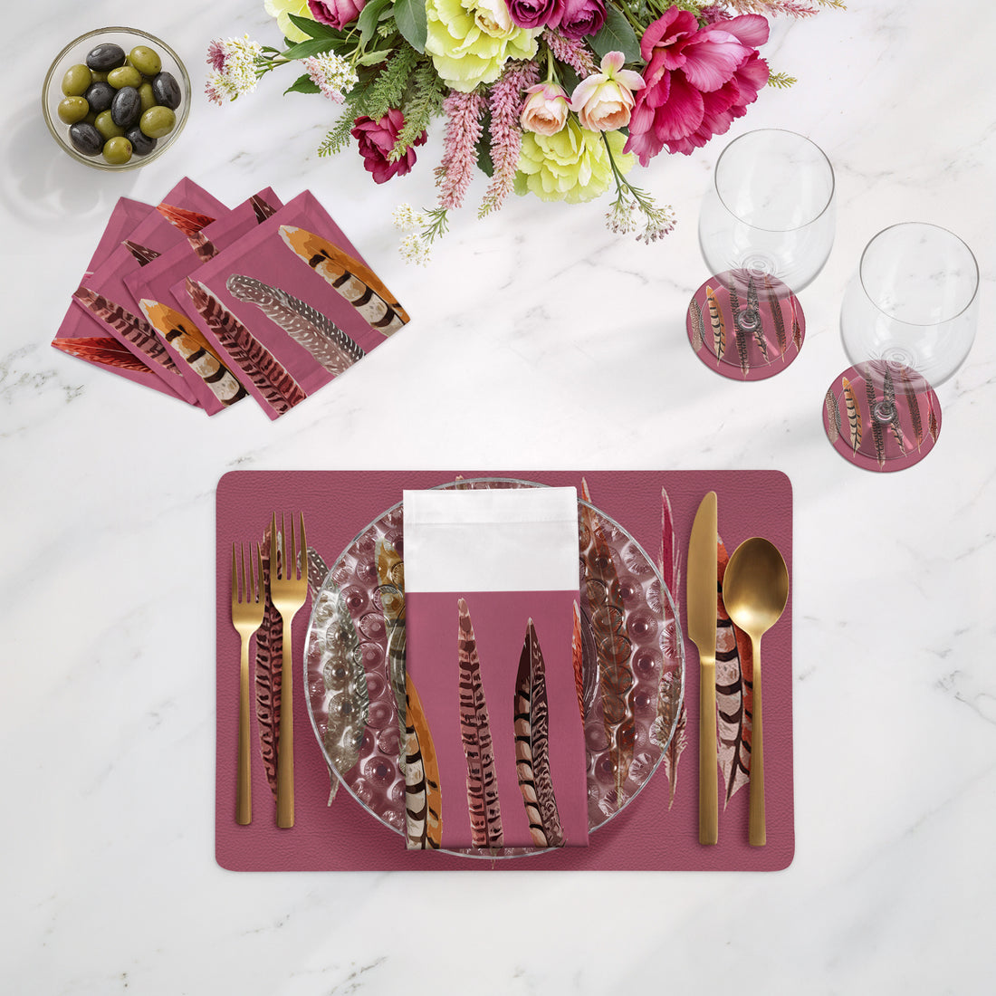 Pheasant Feathers Mauve Vegan Leather Rectangle Pebble Placemat