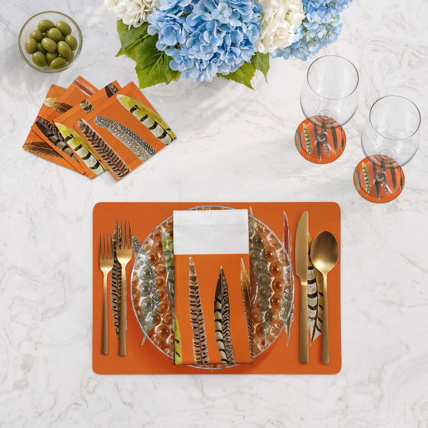 Pheasant Feathers Orange Vegan Leather Rectangle Pebble Placemat