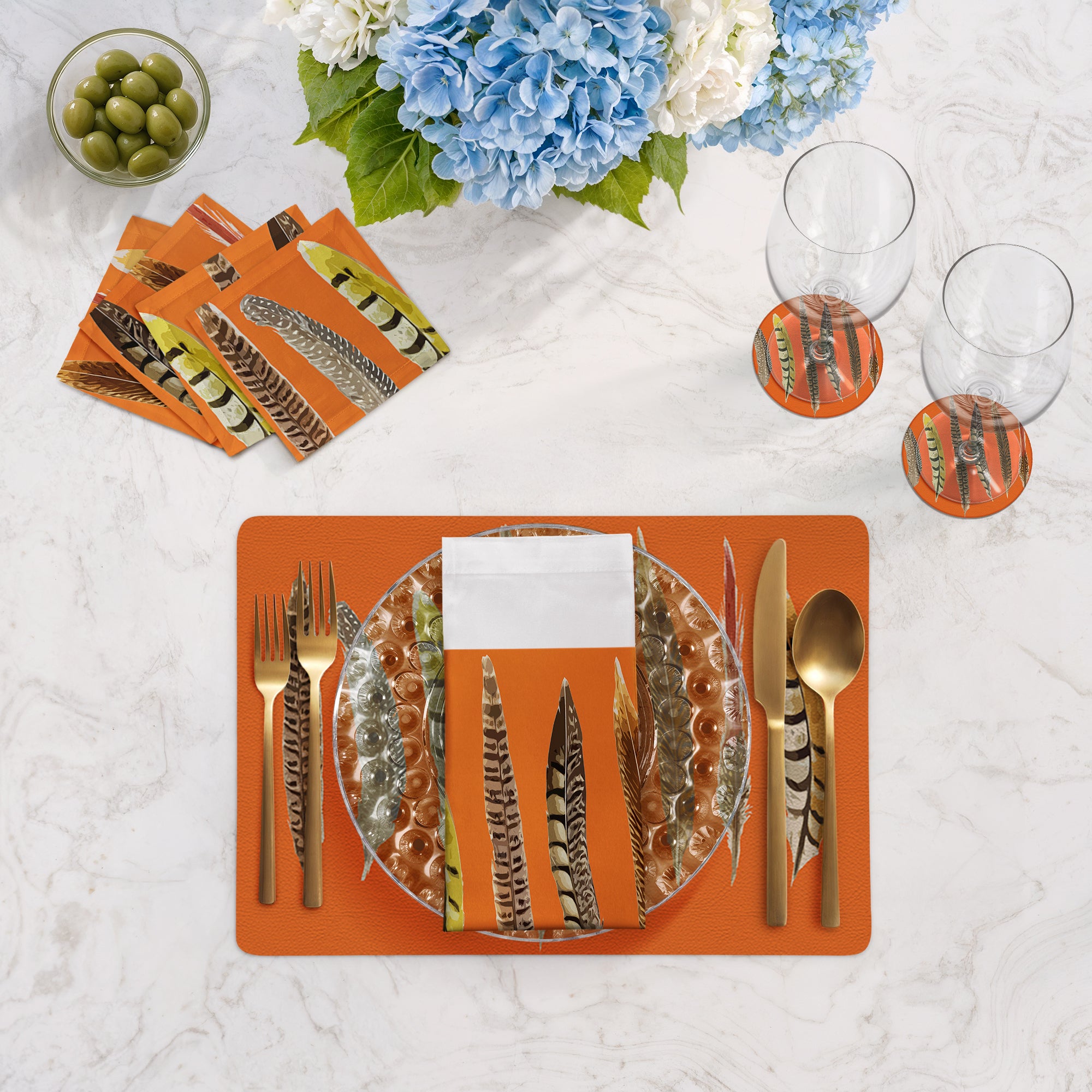 Pheasant Feathers Orange Vegan Leather Rectangle Pebble Placemat