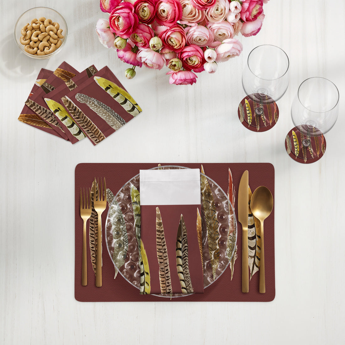 Pheasant Feathers Porto Vegan Leather Rectangle Pebble Placemat