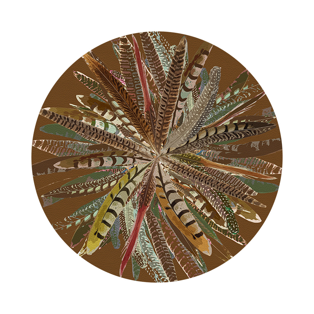 Pheasant Feathers Brown Vegan Leather Round Pebble Placemat - nicolettemayer.com