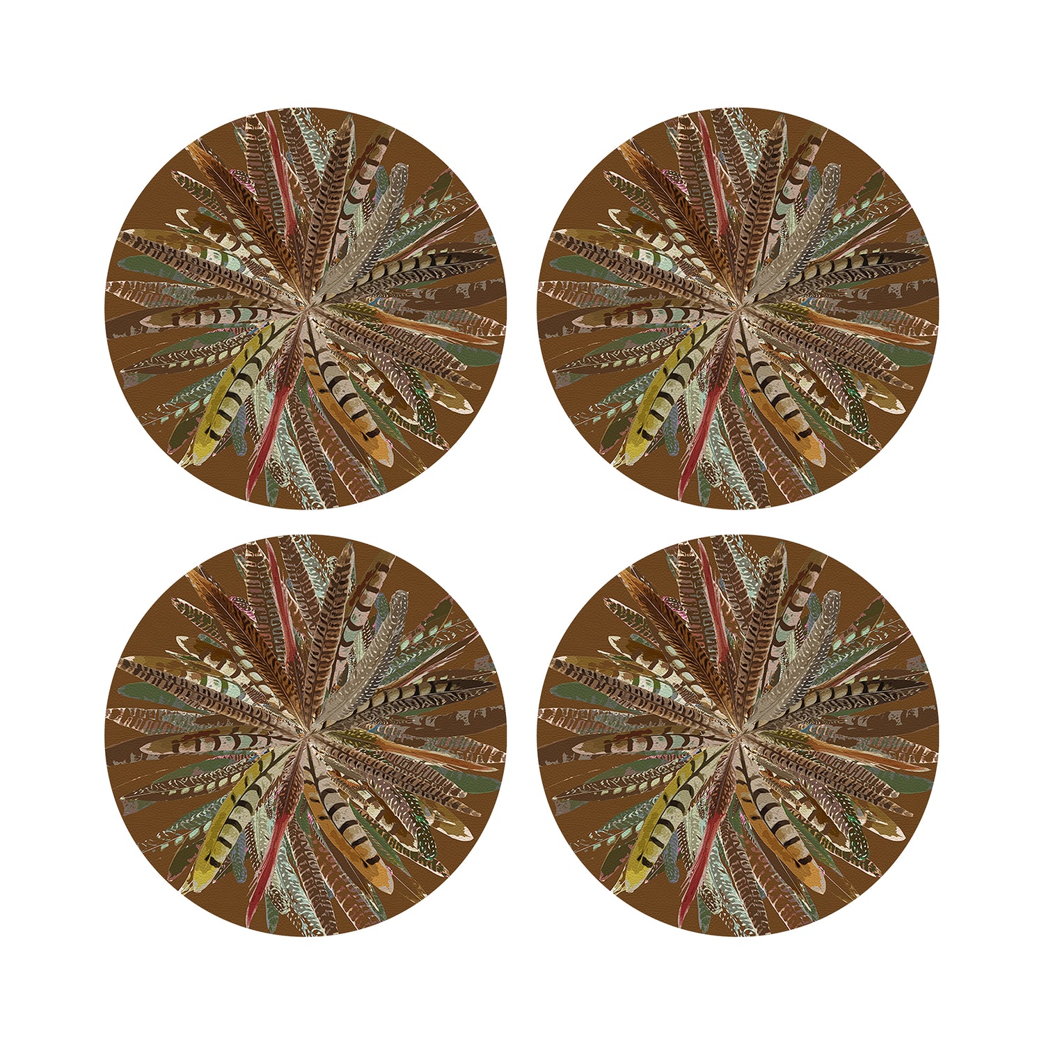 Pheasant Feathers Brown 16&quot; Round Pebble Placemats, Set of 4 - nicolettemayer.com
