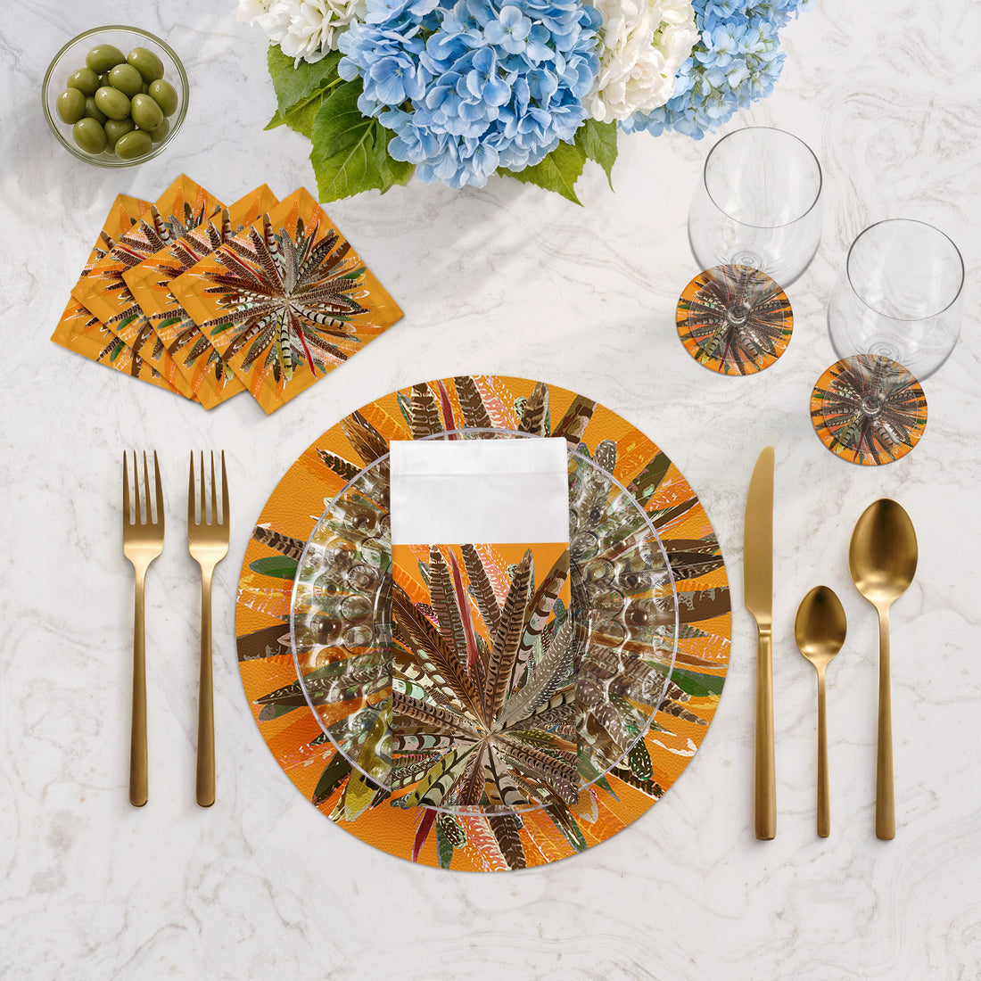 Pheasant Feathers Butternut 16" Round Pebble Placemats, Set of 4 - nicolettemayer.com
