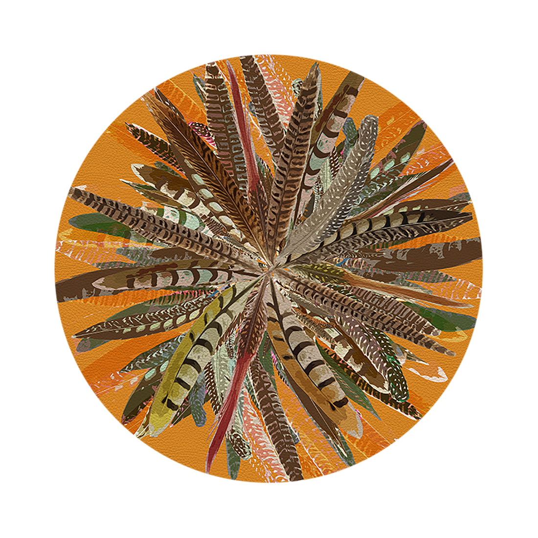 Pheasant Feathers Butternut Vegan Leather Round Pebble Placemat - nicolettemayer.com