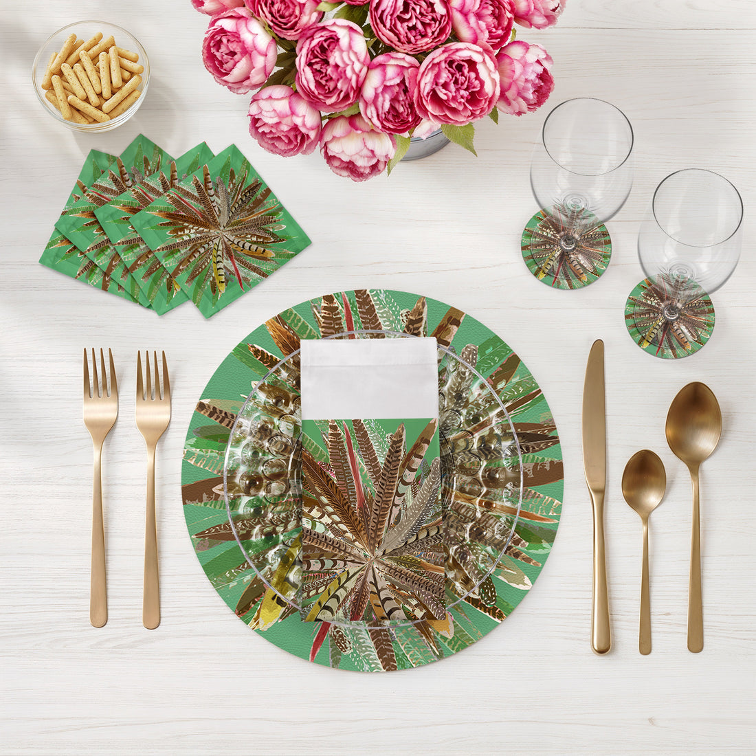 Pheasant Feathers Green 16" Round Pebble Placemats, Set of 4 - nicolettemayer.com
