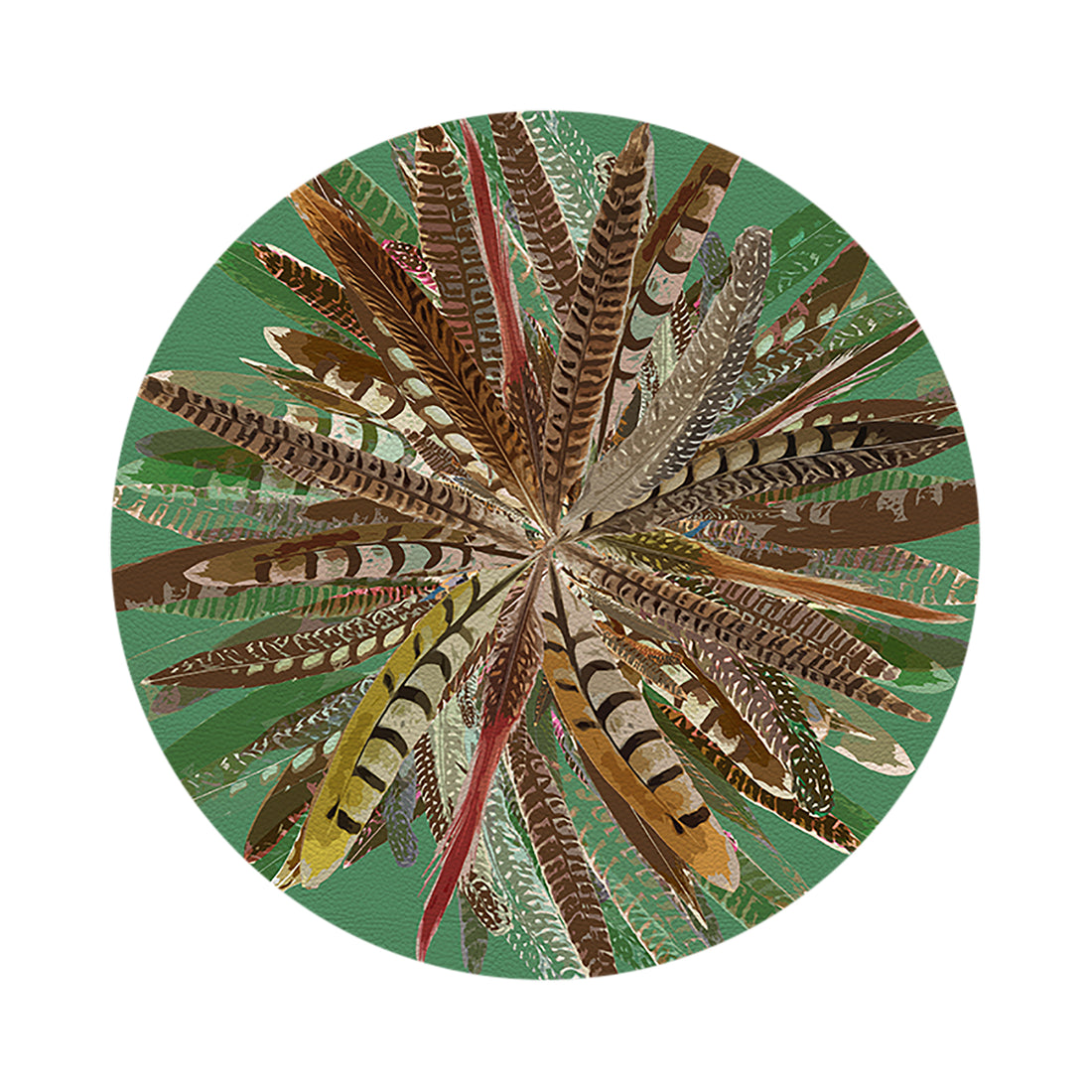 Pheasant Feathers Green Vegan Leather Round Pebble Placemat - nicolettemayer.com