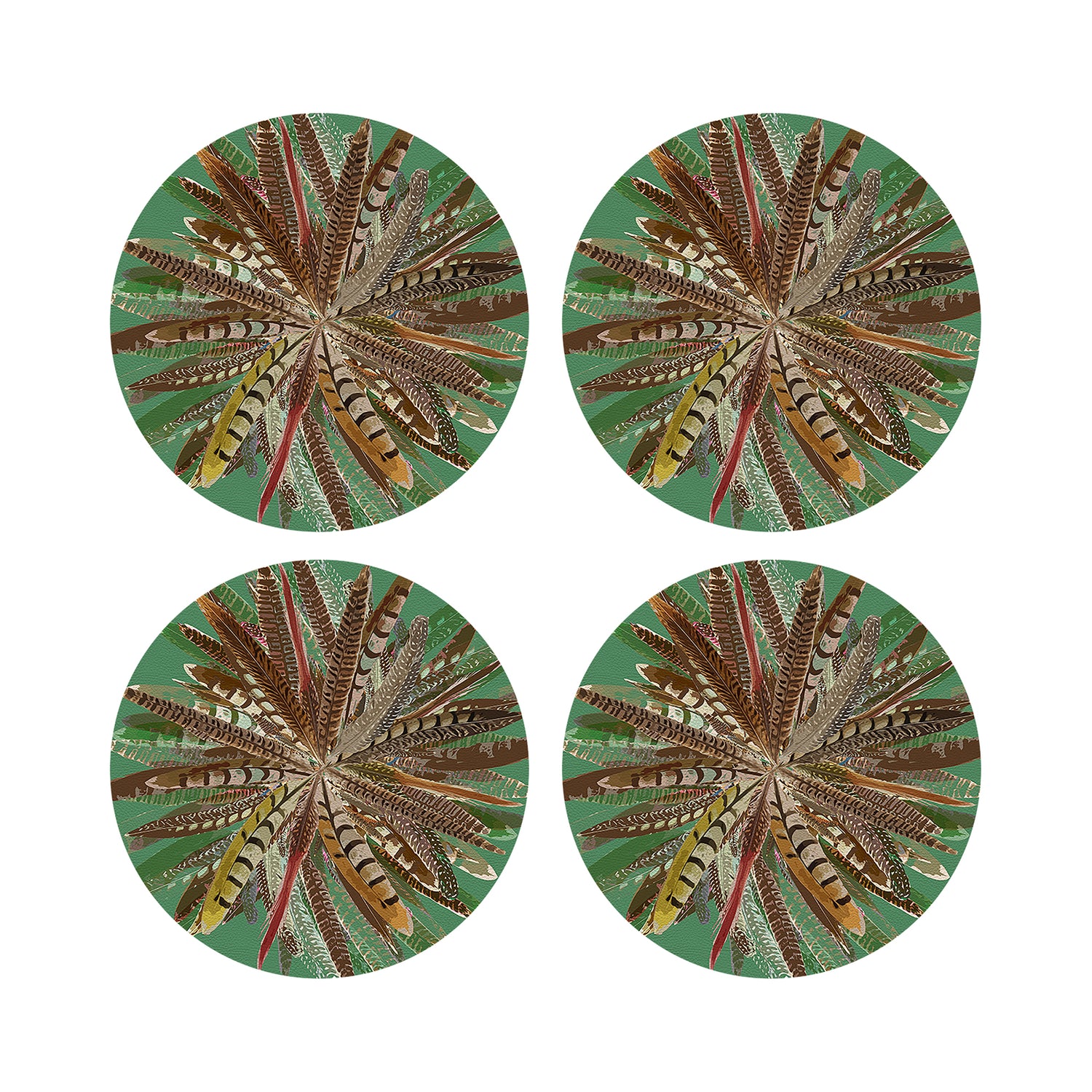 Pheasant Feathers Green Vegan Leather Round Pebble Placemat