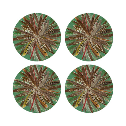 Pheasant Feathers Green Vegan Leather Round Pebble Placemat