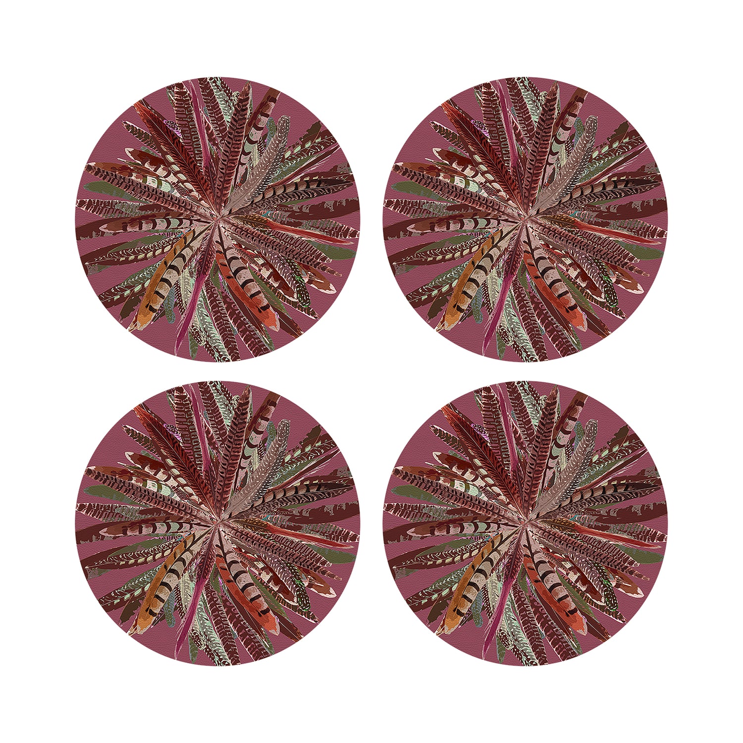 Pheasant Feathers Mauve 16&quot; Round Pebble Placemats, Set of 4 - nicolettemayer.com
