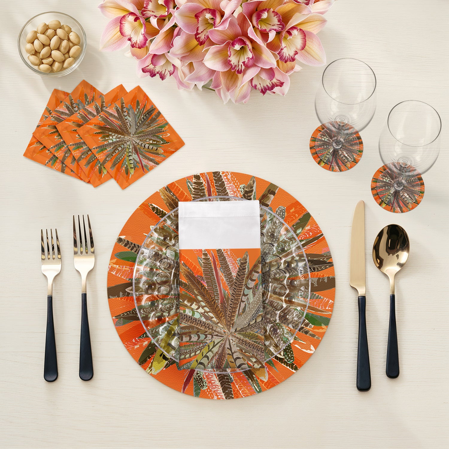 Pheasant Feathers Orange 16" Round Pebble Placemats, Set of 4 - nicolettemayer.com
