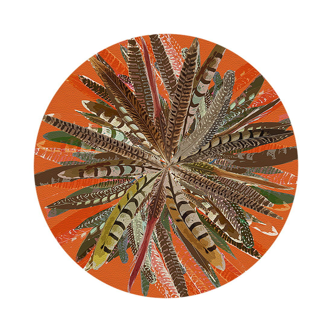 Pheasant Feathers Orange Vegan Leather Round Pebble Placemat - nicolettemayer.com
