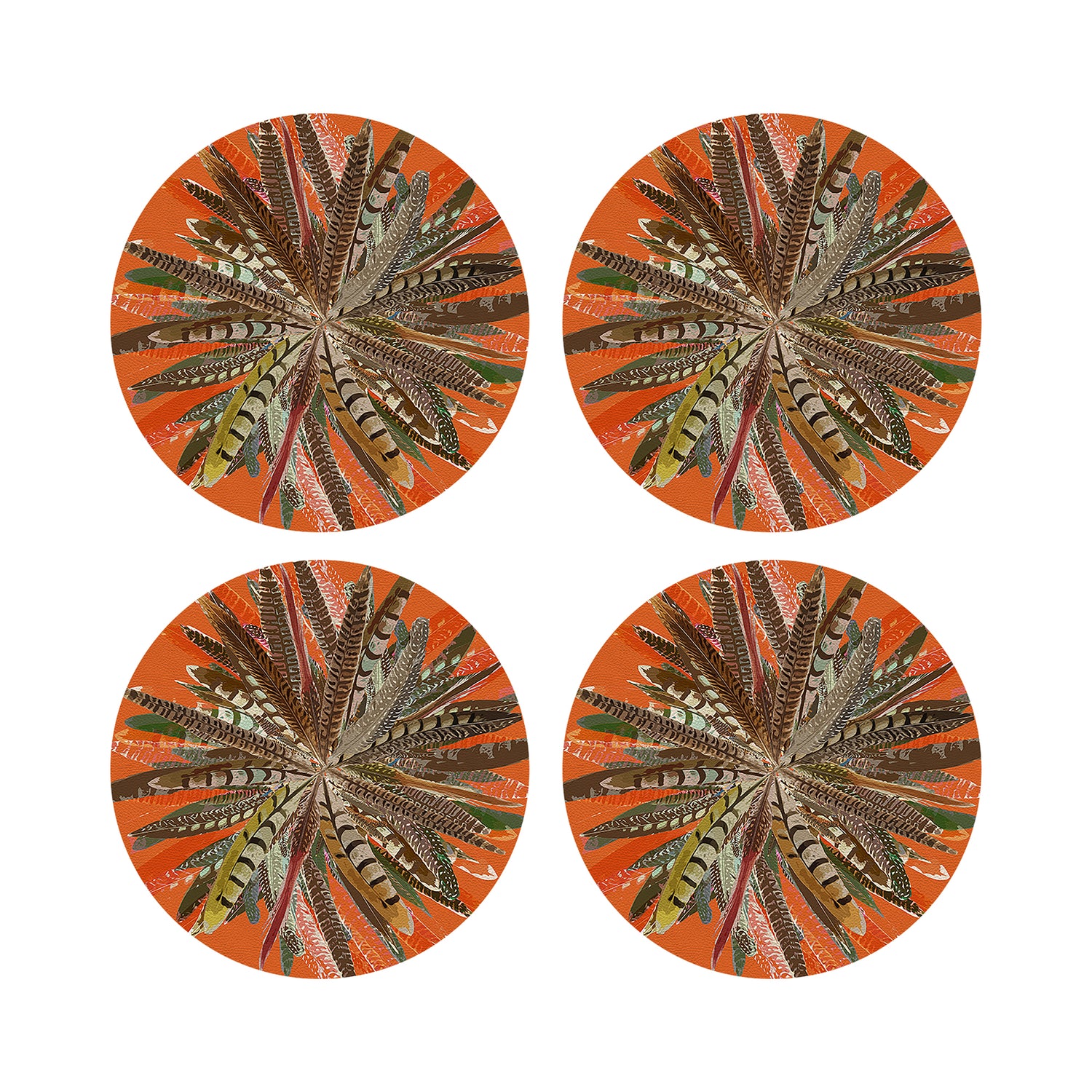 Pheasant Feathers Orange Vegan Leather Round Pebble Placemat