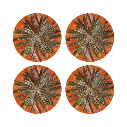 Pheasant Feathers Orange Vegan Leather Round Pebble Placemat