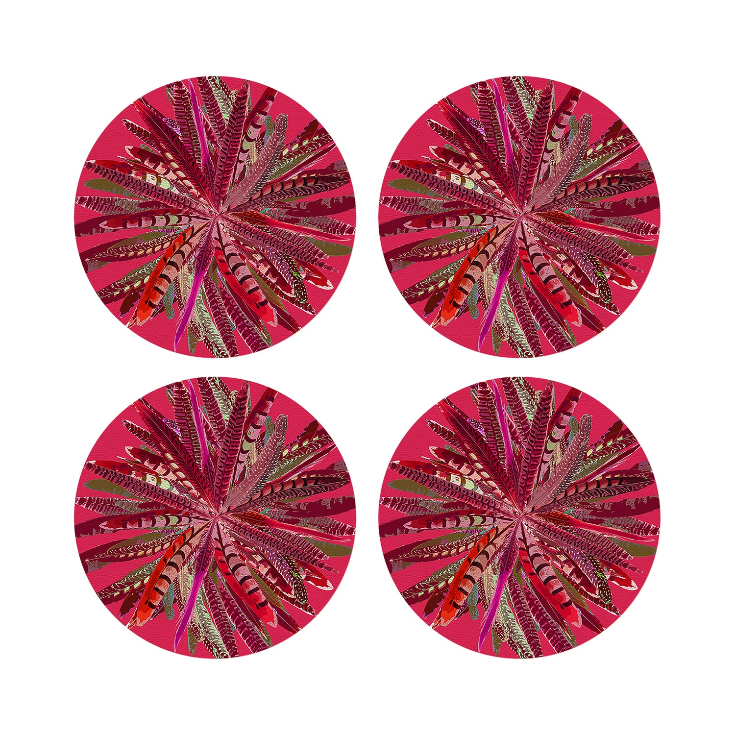 Pheasant Feathers Plum 16&quot; Round Pebble Placemats, Set of 4 - nicolettemayer.com
