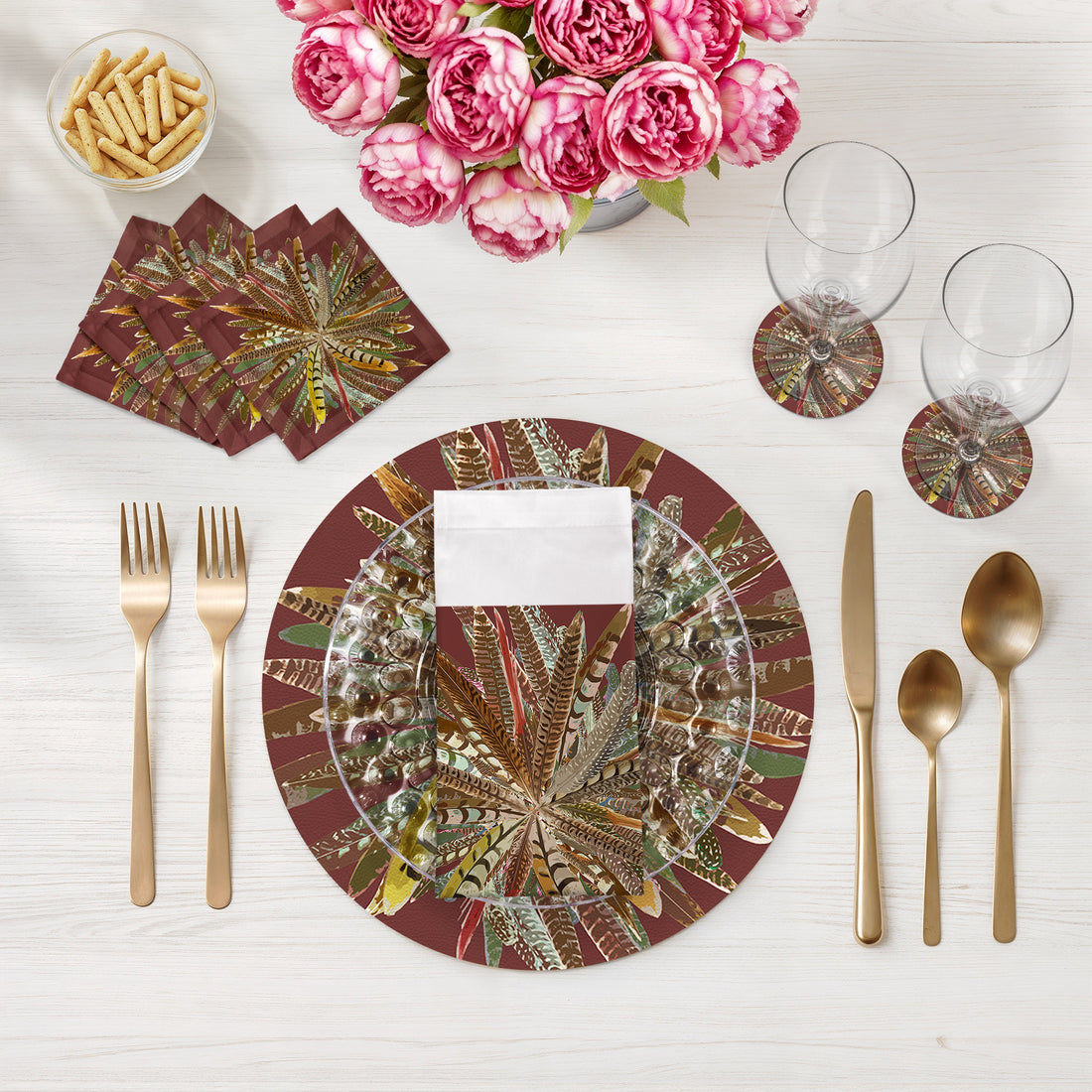 Pheasant Feathers Vegan Leather Round Pebble Placemat, Set of 6 - nicolettemayer.com