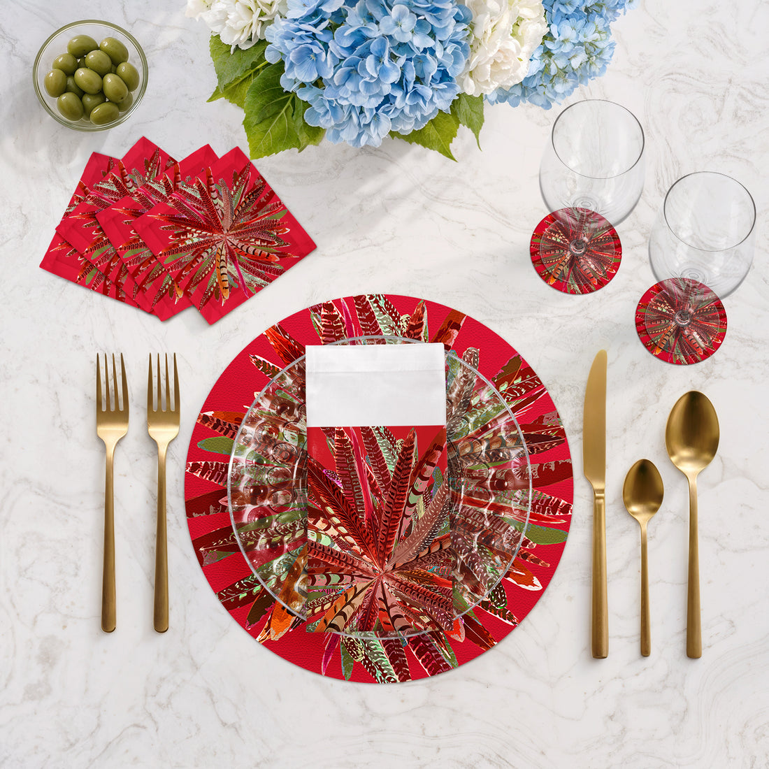 Pheasant Feathers Red 16" Round Pebble Placemats, Set of 4 - nicolettemayer.com
