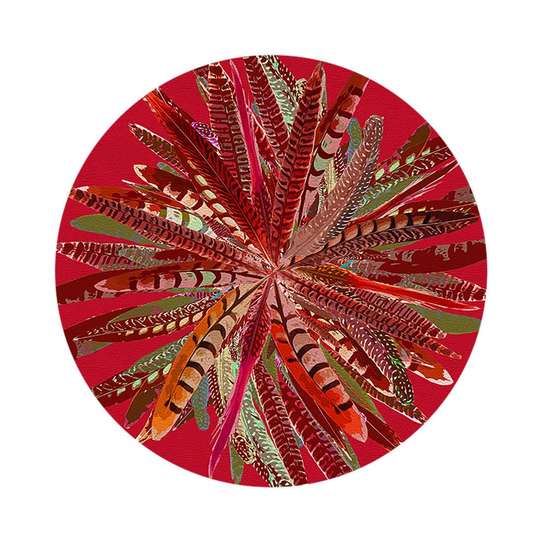 Pheasant Feathers Red 16&quot; Round Pebble Placemat Set of 4 - nicolettemayer.com