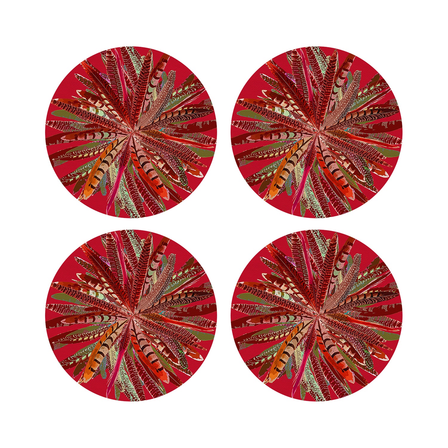 Pheasant Feathers Red 16&quot; Round Pebble Placemats, Set of 4 - nicolettemayer.com

