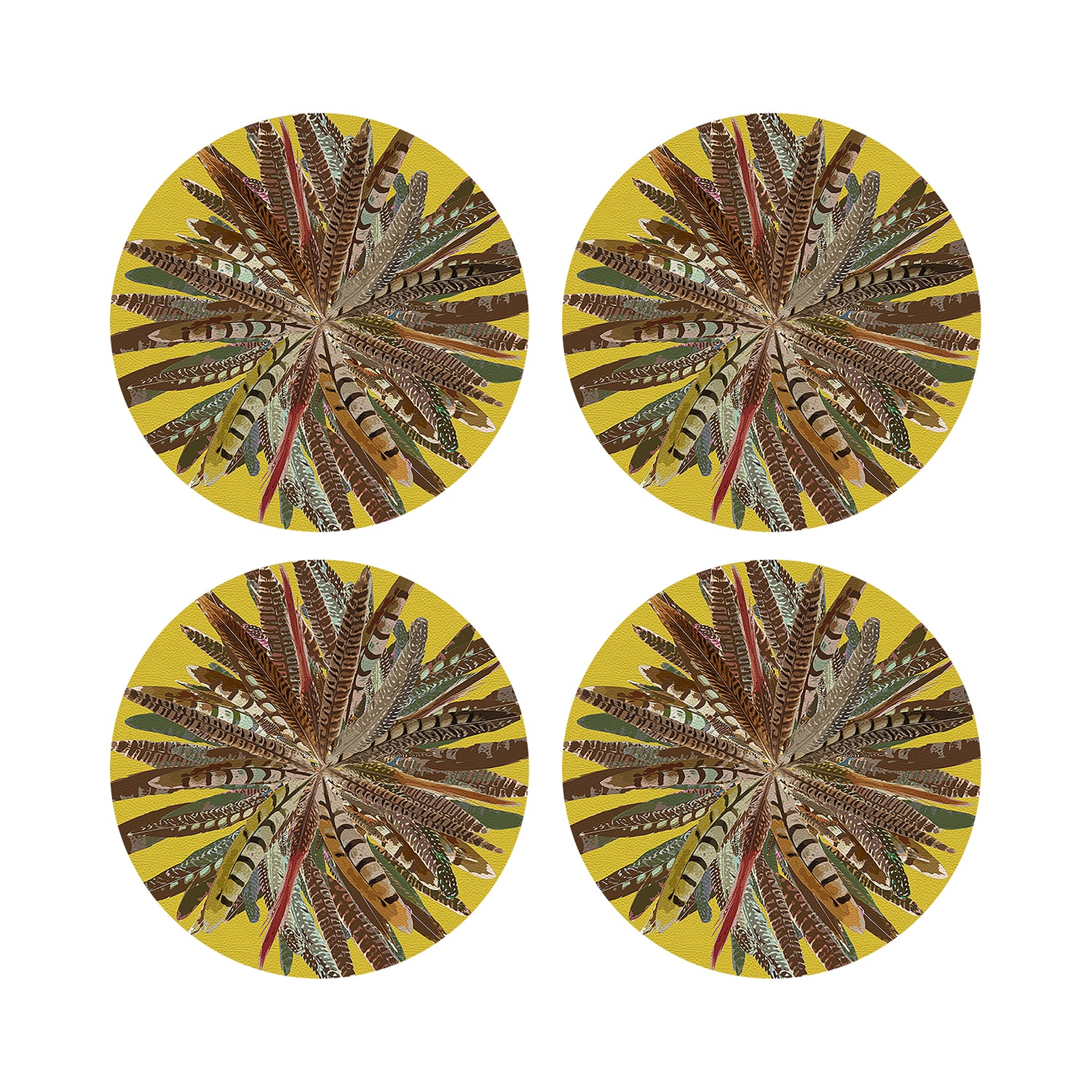 Pheasant Feathers Yellow Vegan Leather Round Pebble Placemat
