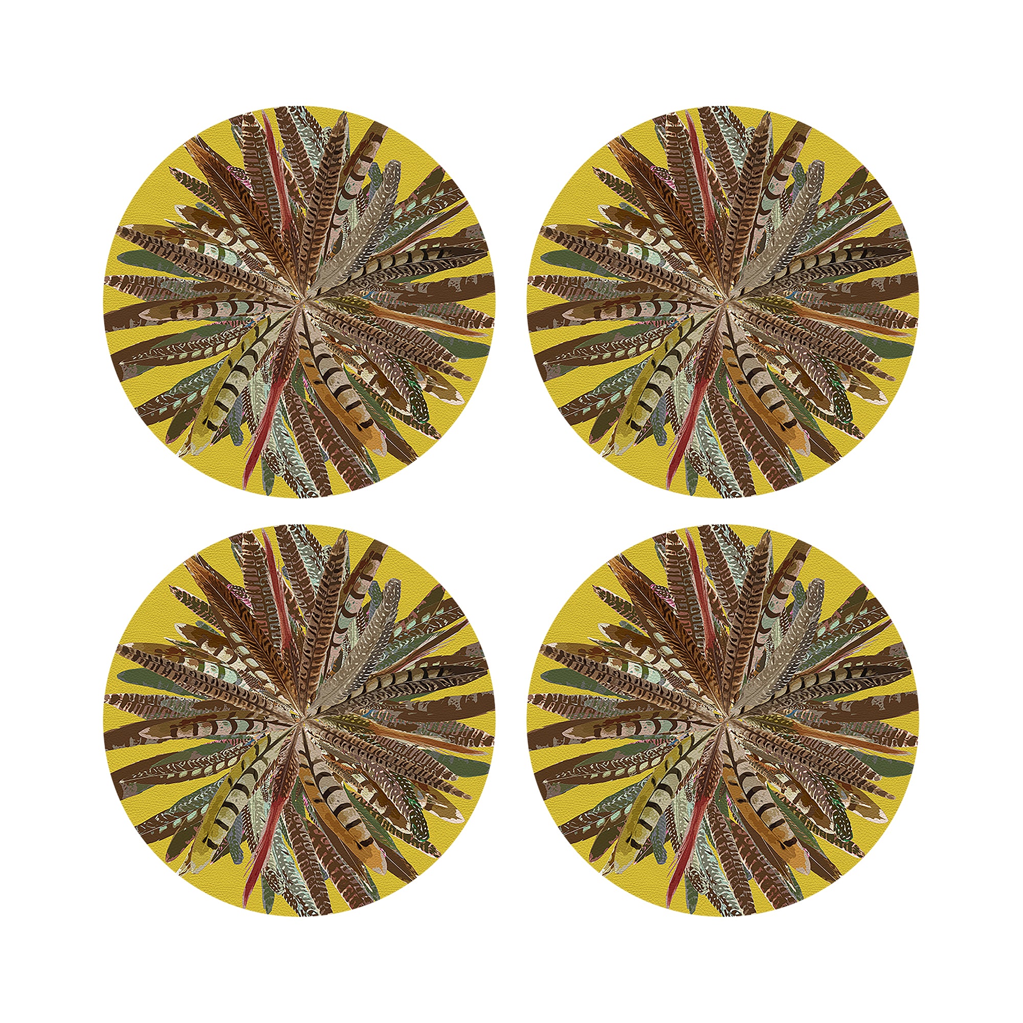 Pheasant Feathers Yellow Vegan Leather Round Pebble Placemat