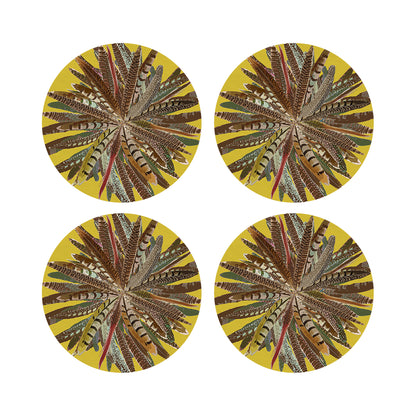 Pheasant Feathers Yellow Vegan Leather Round Pebble Placemat