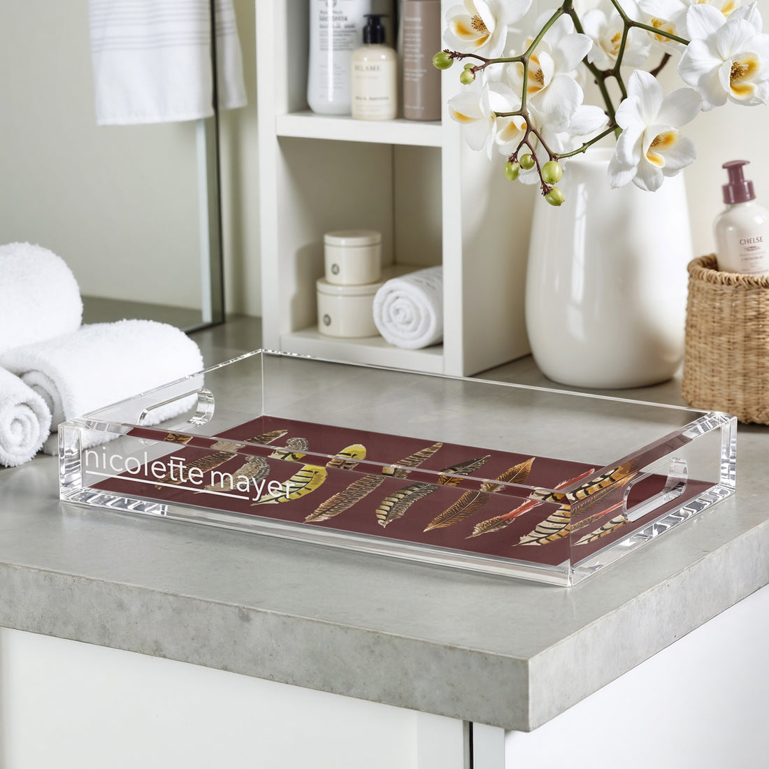 Pheasant Feathers Porto 12.5X7.75 Acrylic Tray - nicolettemayer.com

