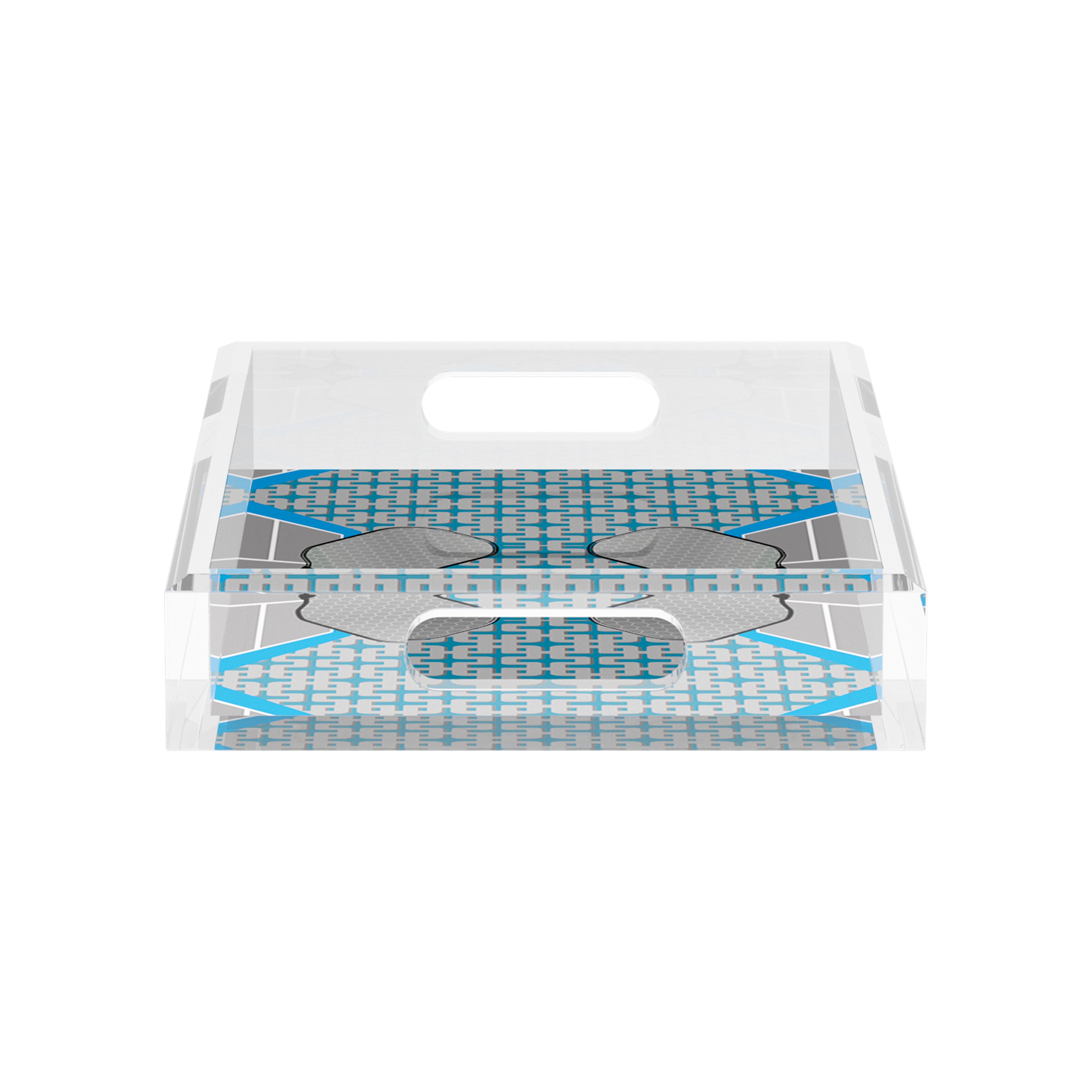 Pickelball Anyone Silver Blue  12.5x7.75 Acrylic Tray - nicolettemayer.com 