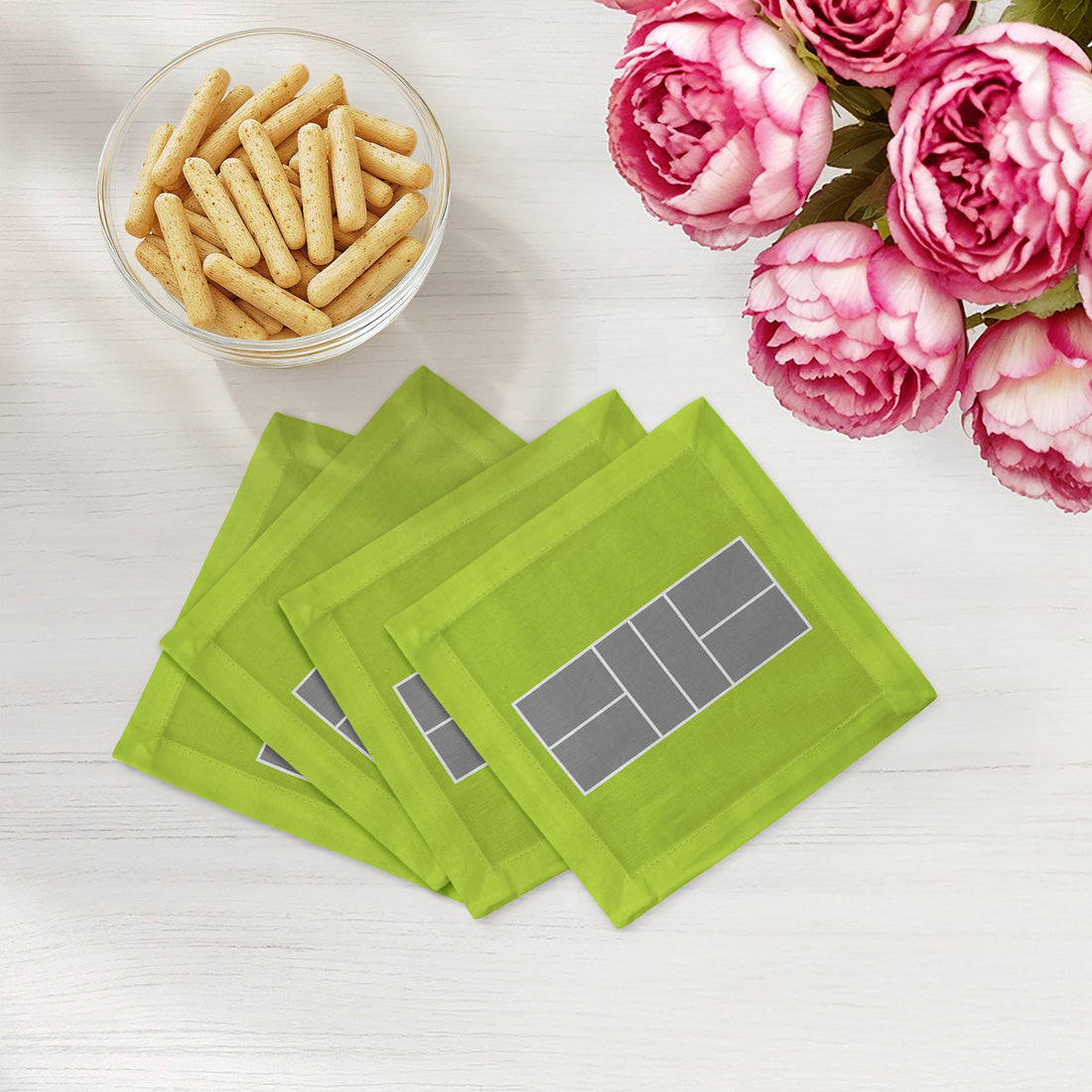 Pickleball Court Silver Lime Cotton Sateen Cocktail Napkins - nicolettemayer.com