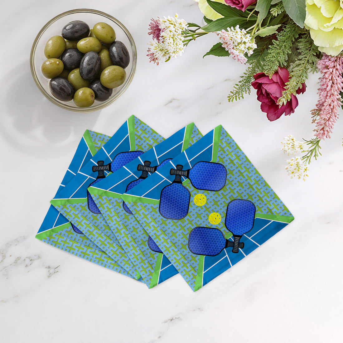 Pickelball Anyone Blue Green Cotton Sateen Cocktail Napkins - nicolettemayer.com