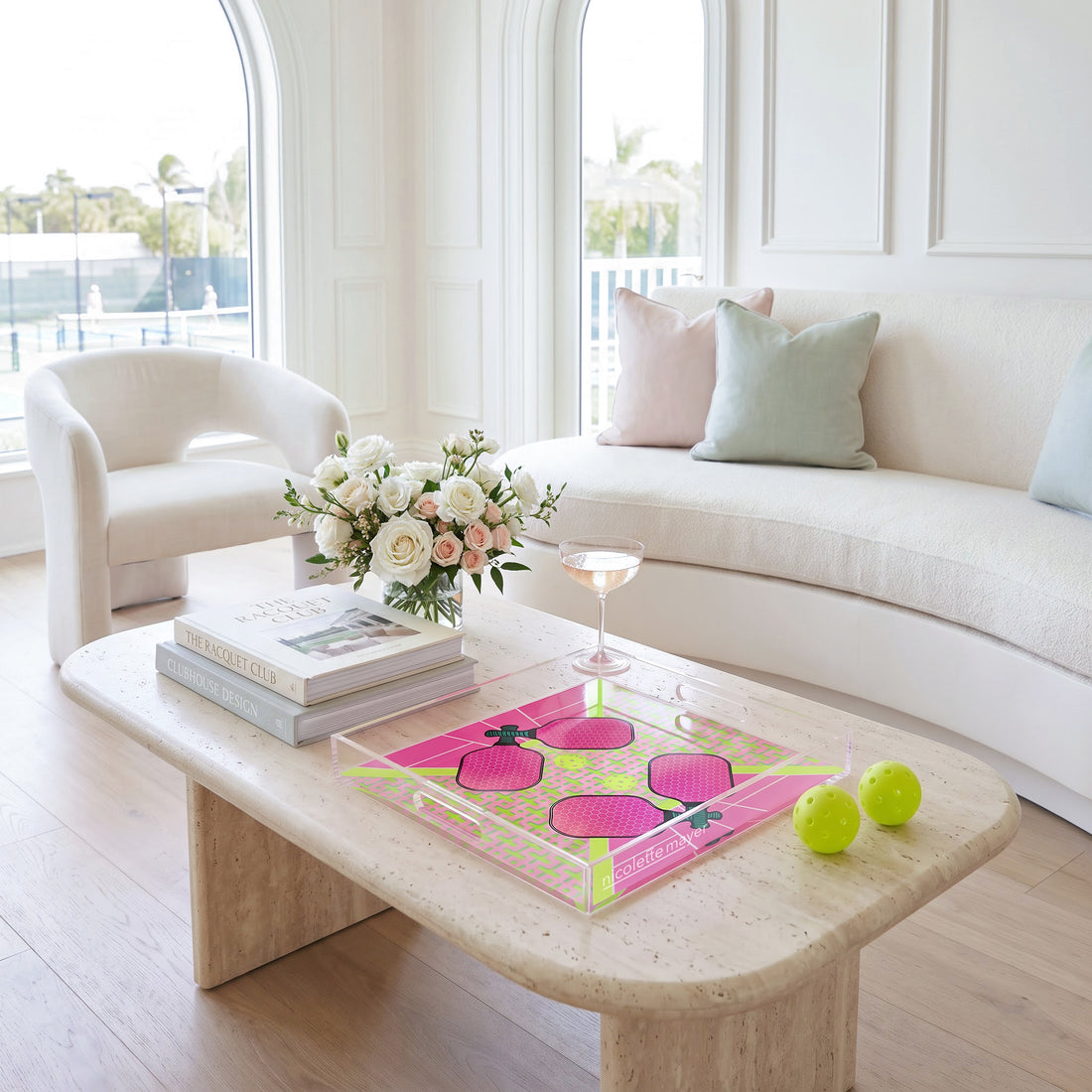 Pickelball Anyone Nancy Fran Acrylic Square Decorative Tray, 12x 12 in., 15 x 15 in., 18 x 18 in. by Nicolette Mayer 