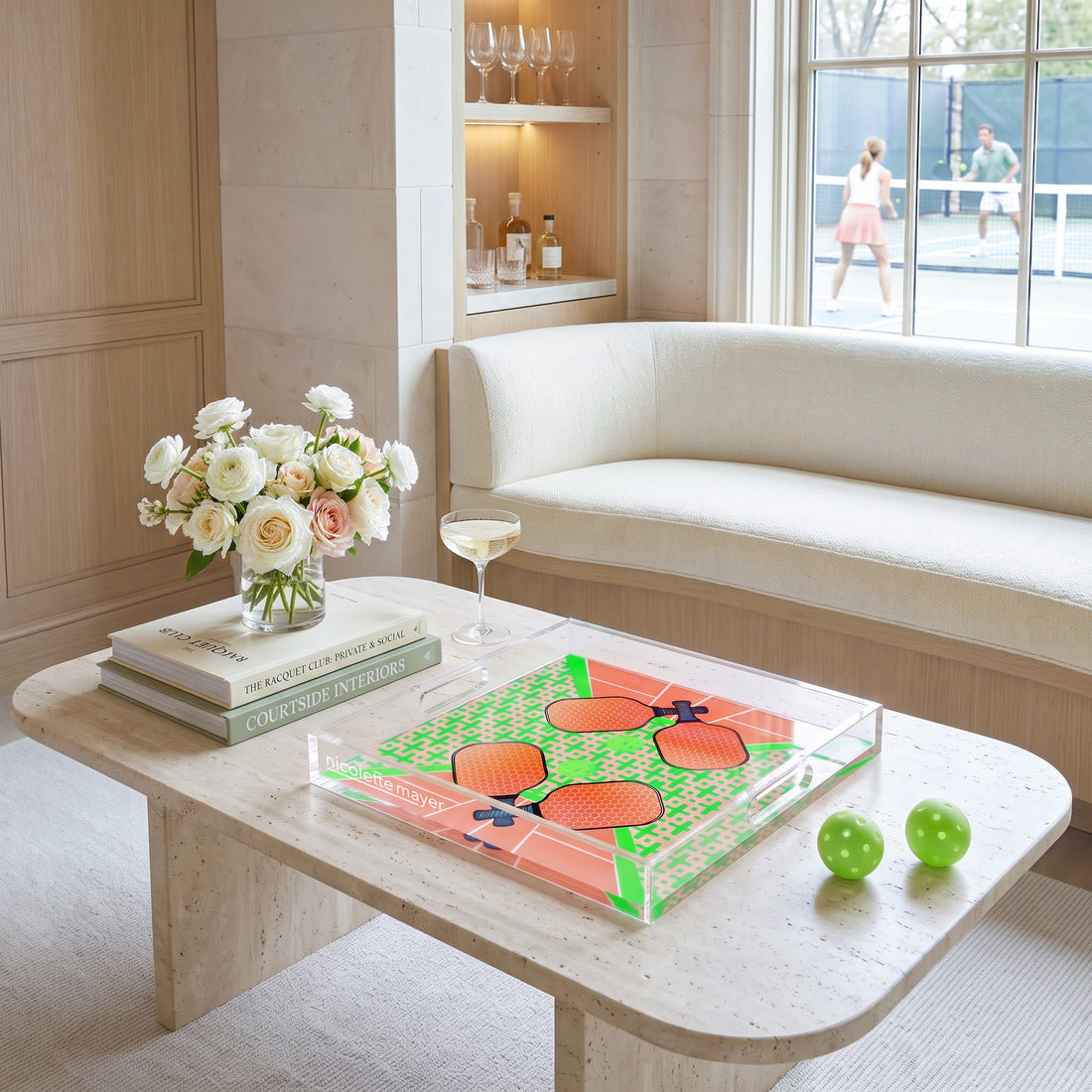 Pickelball Anyone Pam and Emma Acrylic Square Decorative Tray, 12x 12 in., 15 x 15 in., 18 x 18 in. by Nicolette Mayer 