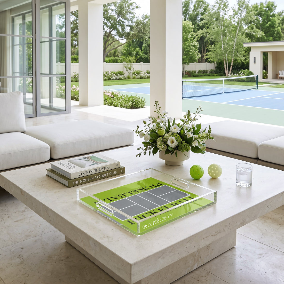 Pickelball Court Silver Lime Acrylic Square Decorative Tray, 12x 12 in., 15 x 15 in., 18 x 18 in. by Nicolette Mayer 