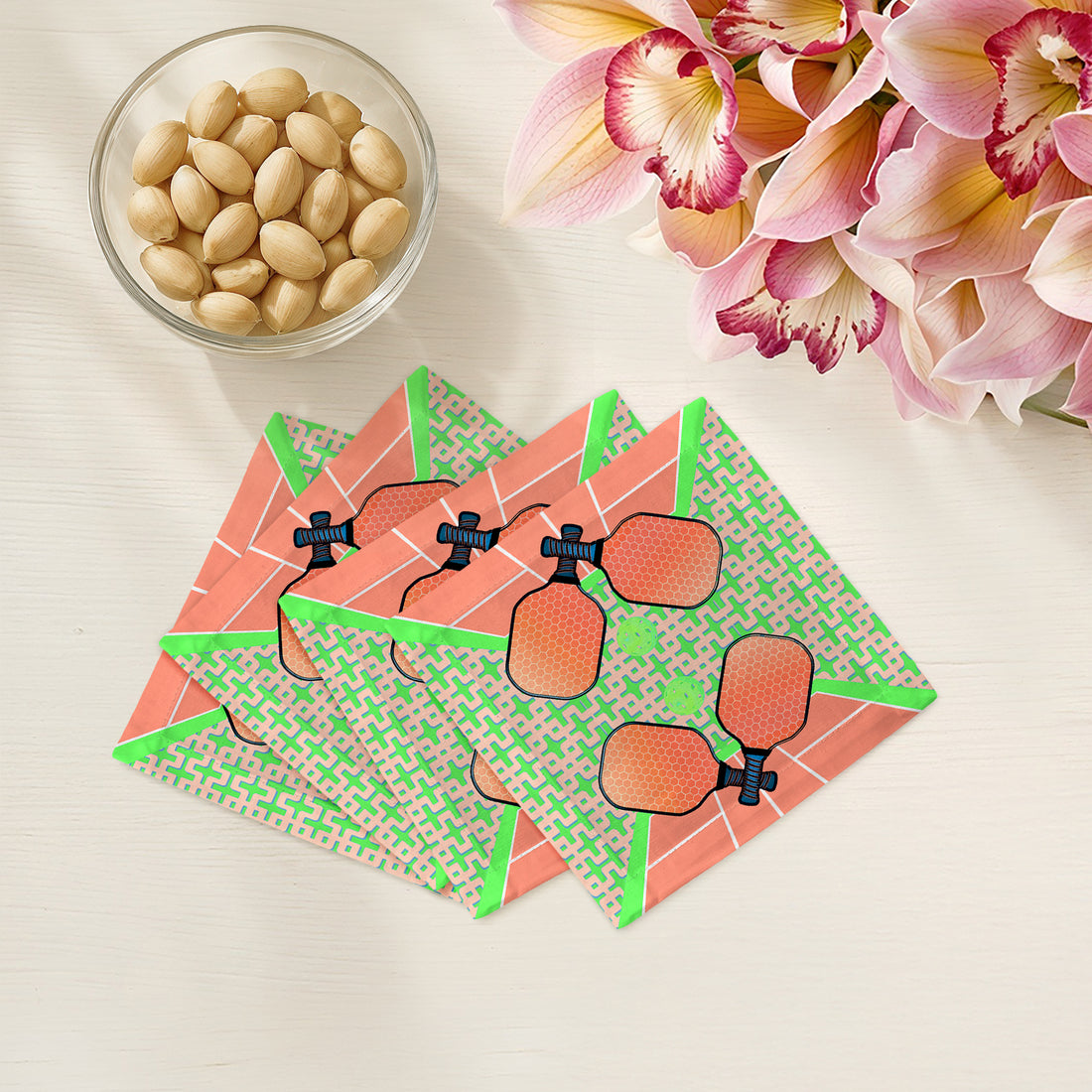Pickleball Anyone Pam and Emma Cotton Sateen Cocktail Napkins by Nicolette Mayer