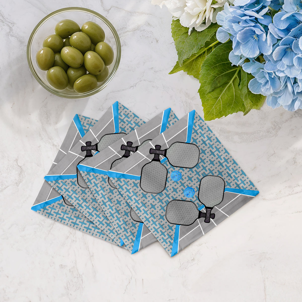 Pickleball Anyone Silver Blue Cotton Sateen Cocktail Napkins by Nicolette Mayer