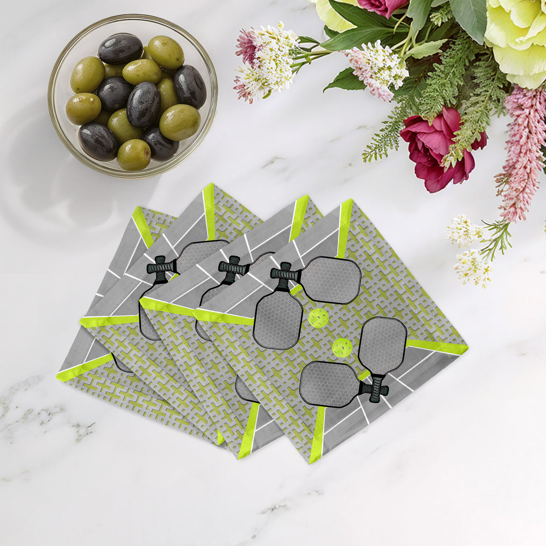 Pickleball Anyone Silver Lime Cotton Sateen Cocktail Napkins by Nicolette Mayer