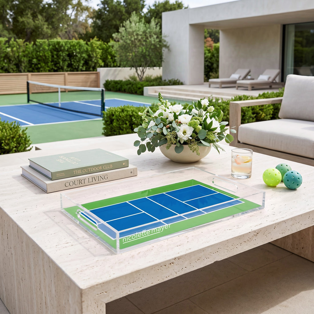 Pickleball Court Blue Green Acrylic Rectangle Decorative Tray, 12.5 x 7.75 in., 17 x 10.5 in., 22.5 x 14.5 in. by Nicolette Mayer 