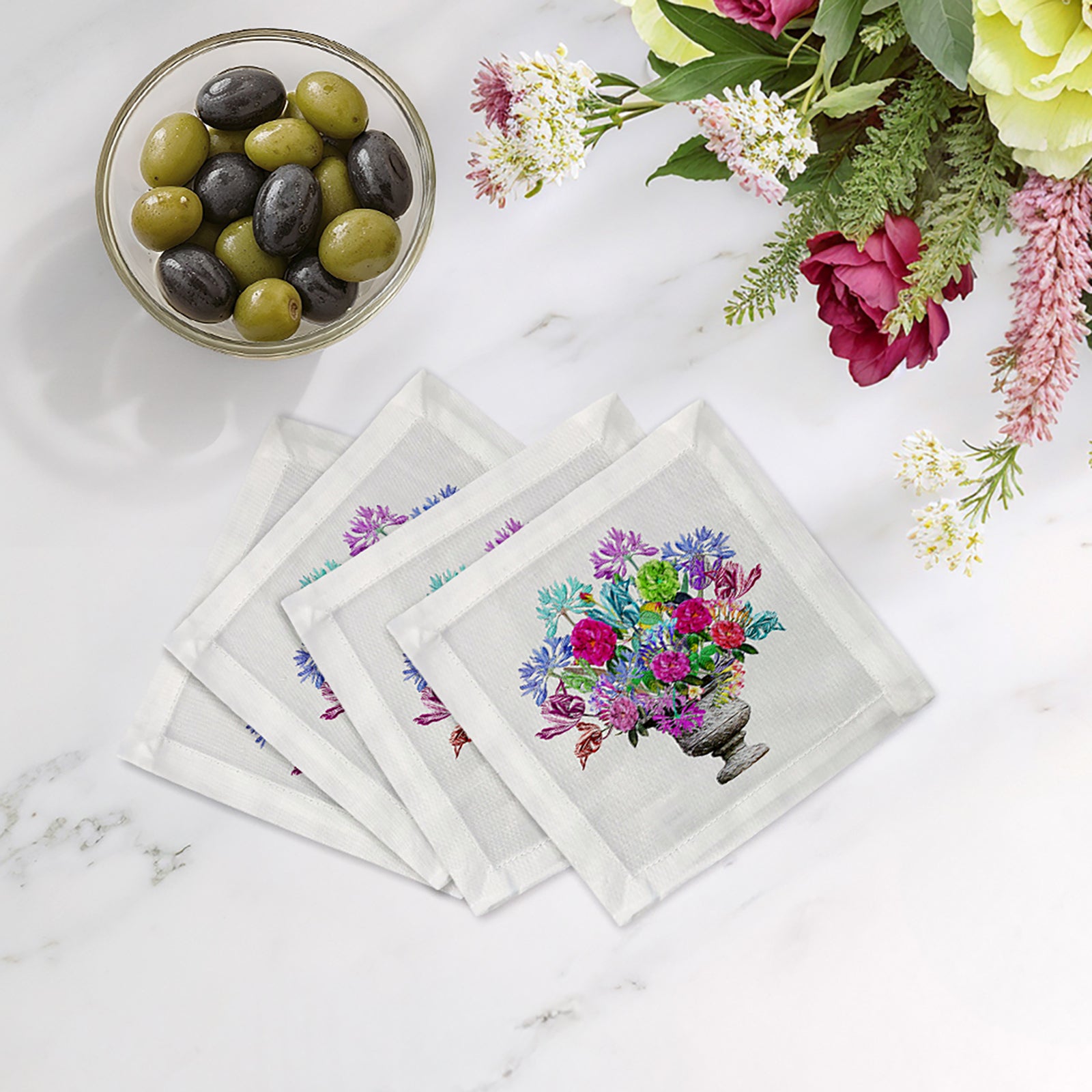 Pistals Large Bouquet 6X6" Hemstitch Cocktail Napkins Set of 4 - nicolettemayer.com