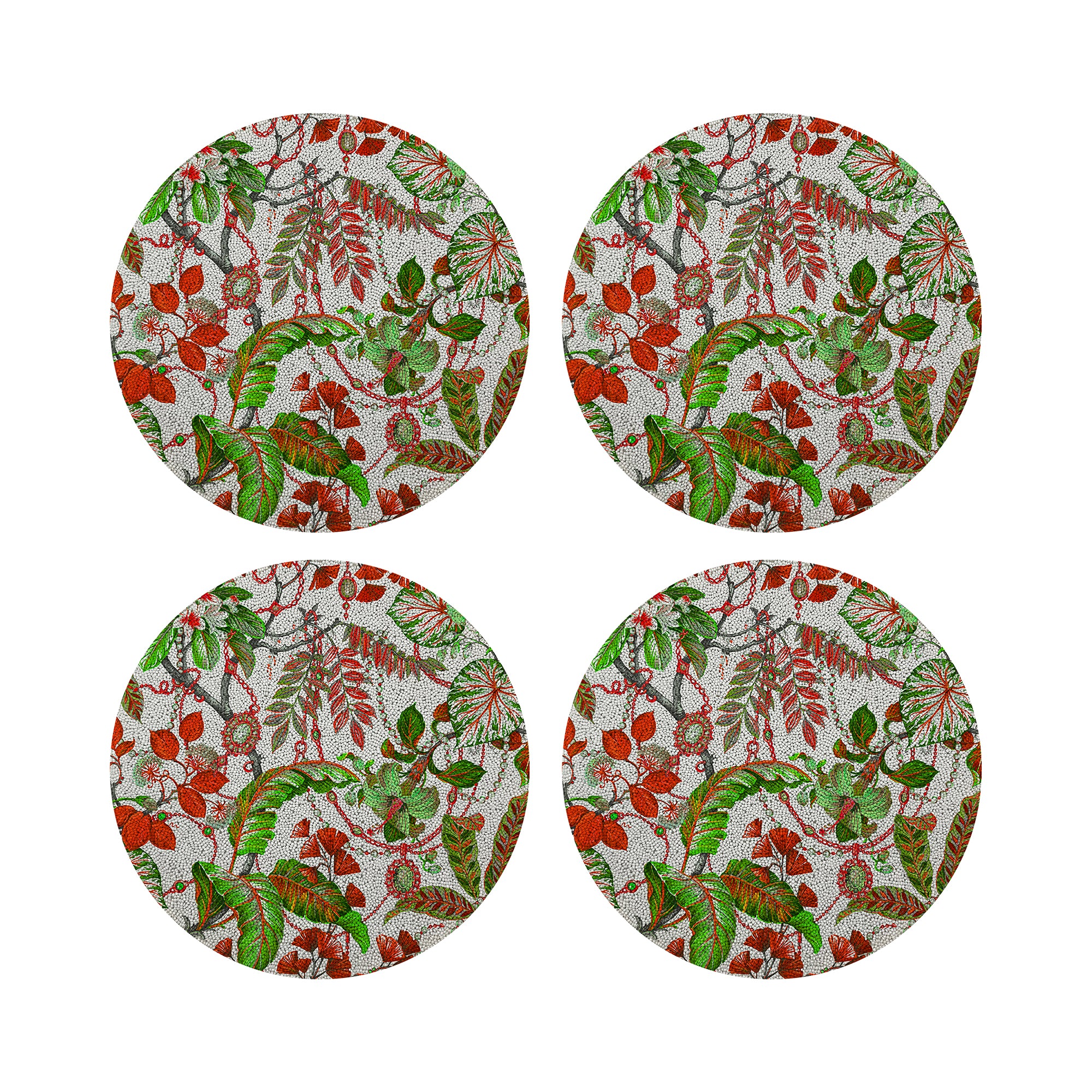 Plumeria Red Green Round Smooth Beaded Placemat