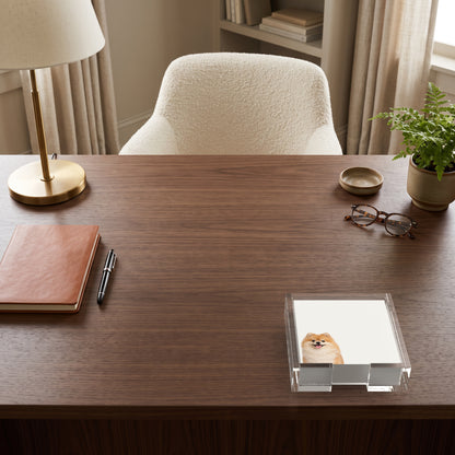 Pomeranian dog note cards in a clear acrylic holder on a walnut desk, by Nicolette Mayer