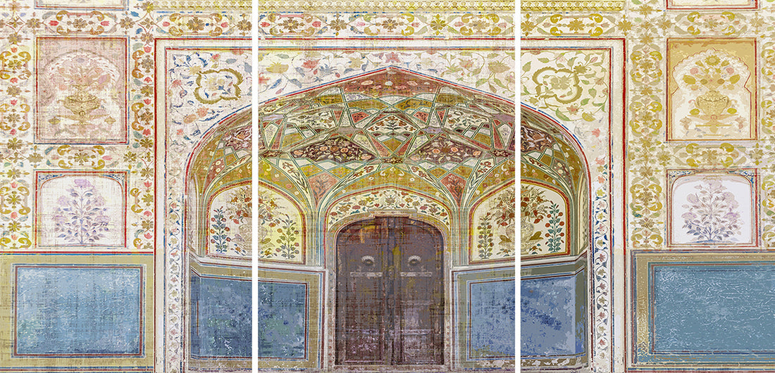 Rajasthan Palace Acrylic Triptych  – Set of 3 Modern Wall Art Panels, 96x48&quot; overall  (32x48&quot; each)