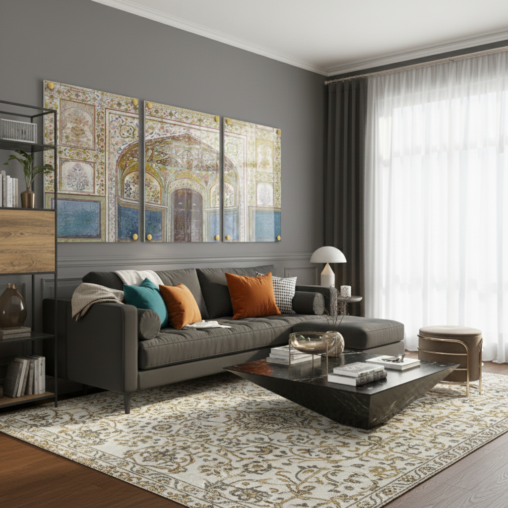 Rajasthan Palace Acryl-Triptychon – Set mit 3 modernen Wandkunstpaneelen, insgesamt 96 x 48 Zoll (je 32 x 48 Zoll)