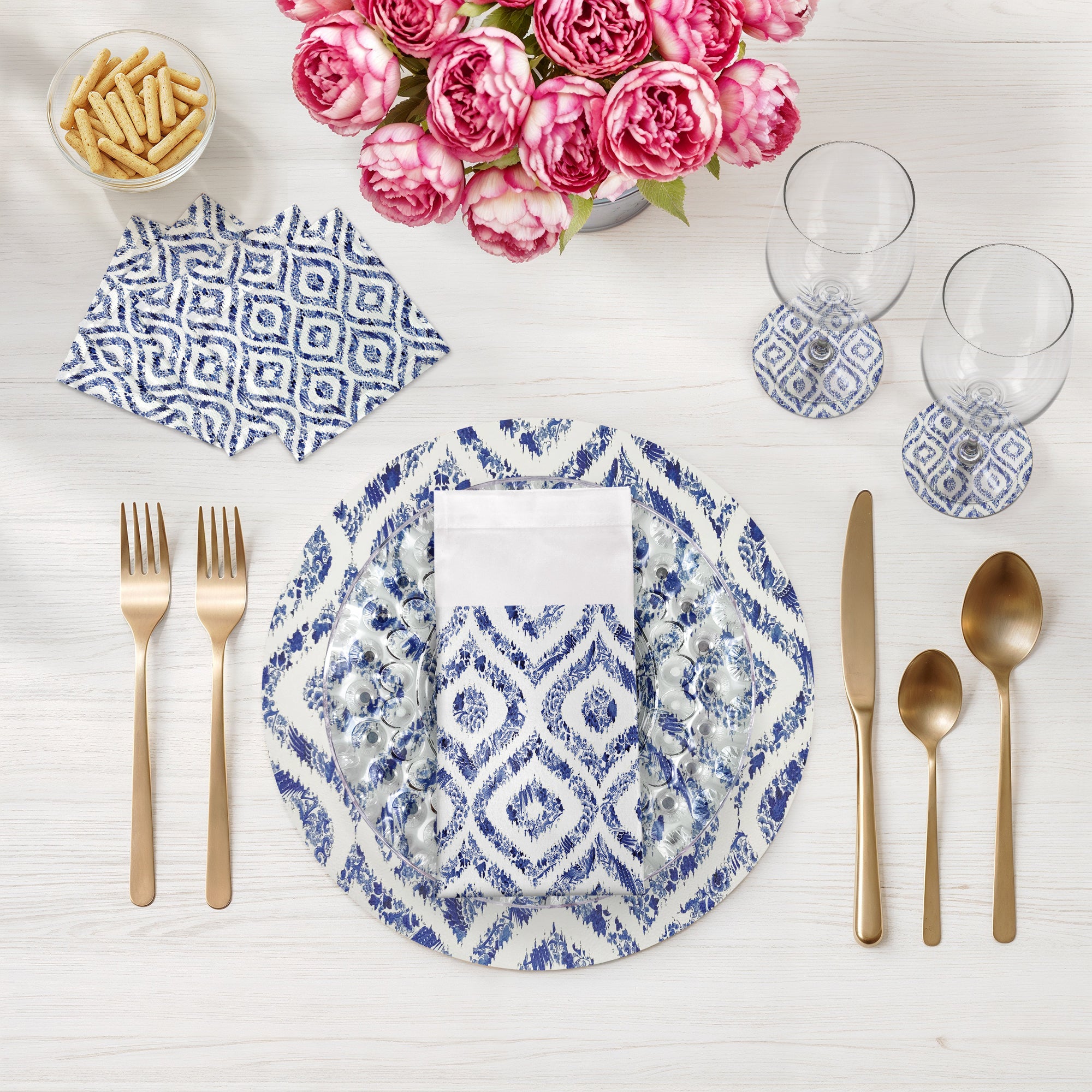Royal Delft Ikat White Vegan Leather Round Coasters