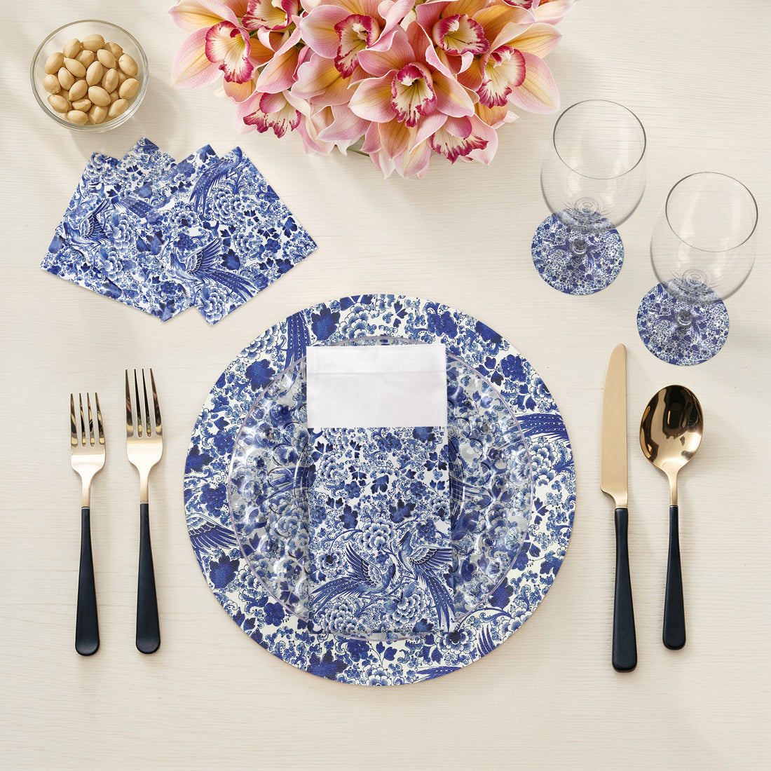 Sets de table ronds en galets blancs, inspiration Royal Delft, 40 cm, lot de 4