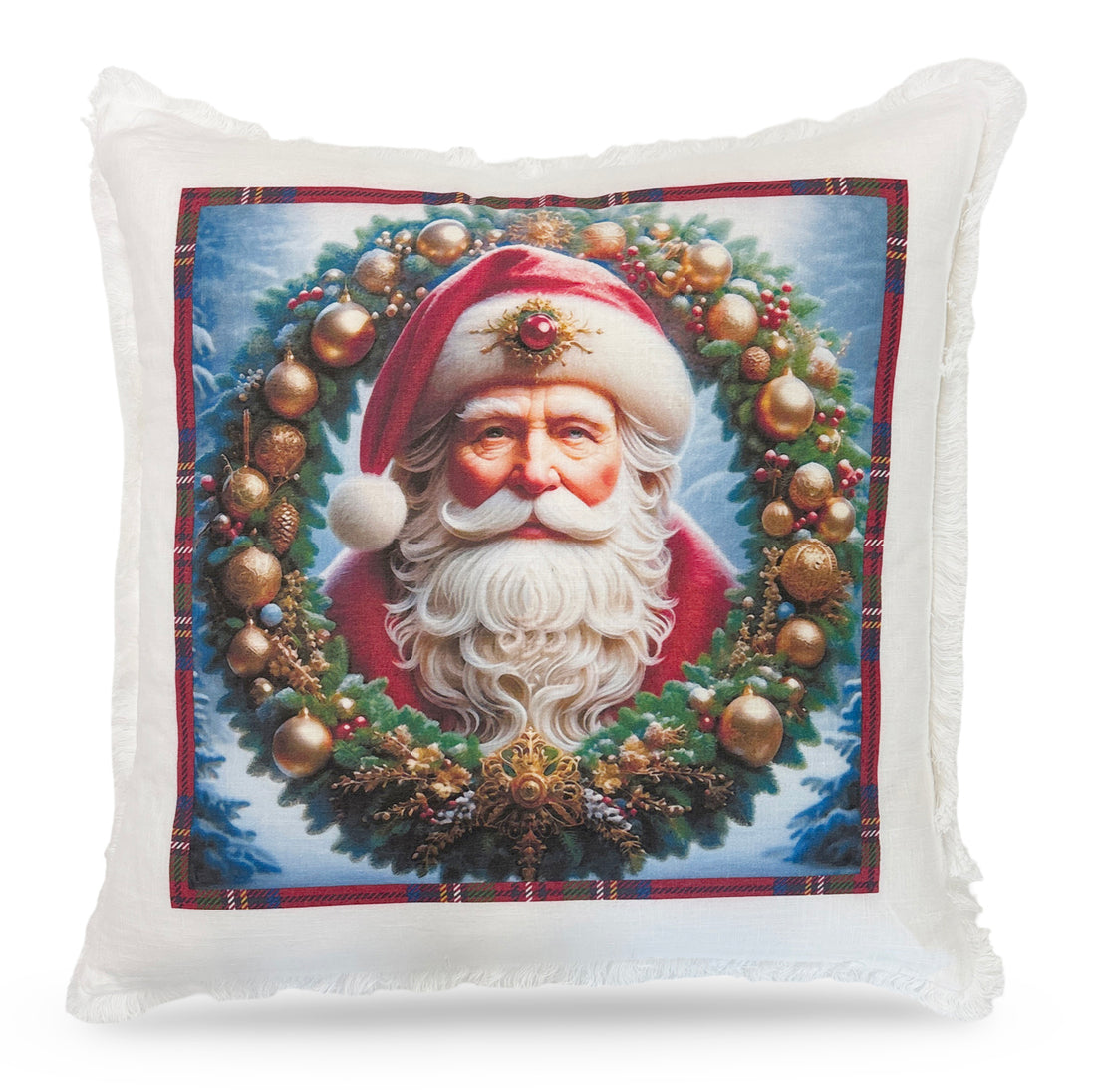 Santa Claus 22x22 White Fringe Pillow