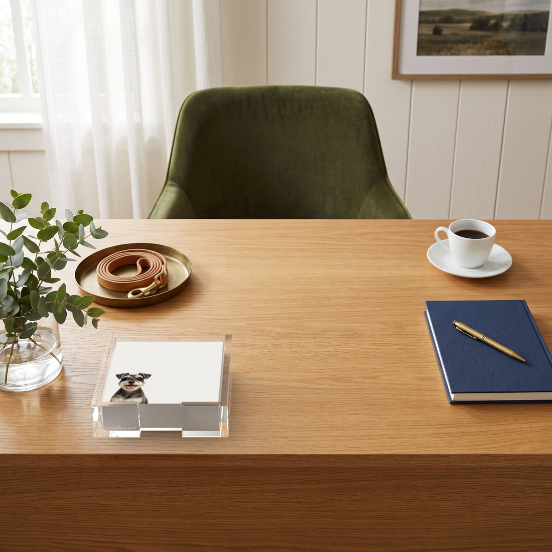 Schnauzer dog note cards in a clear acrylic holder on an oak desk, by Nicolette Mayer