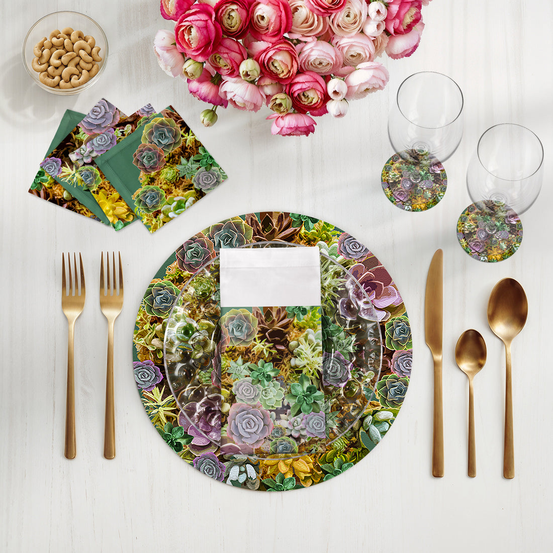 Ensemble de 4 sets de table ronds en galets, motif plantes succulentes à feuilles persistantes, 40 cm