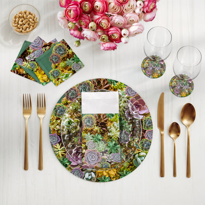 Ensemble de 4 sets de table ronds en galets, motif plantes succulentes à feuilles persistantes, 40 cm